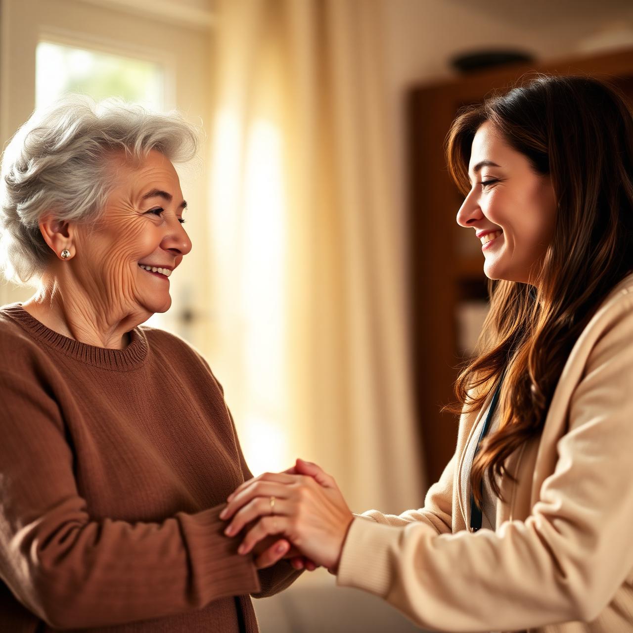 Compassionate caregiver gently holding the hands of a senior woman at home